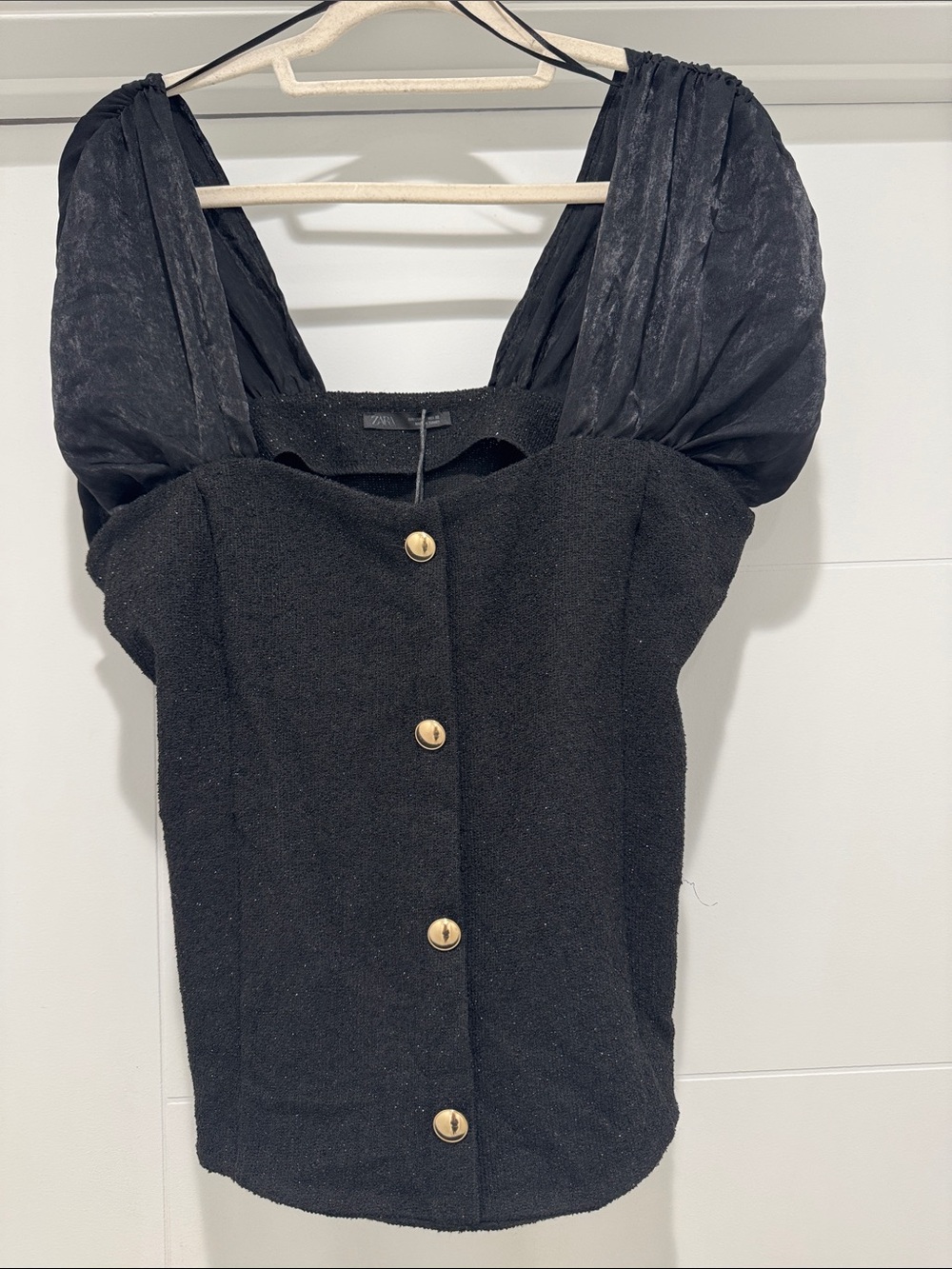 Zara Black Puff-Sleeve Button-Front Tank Top